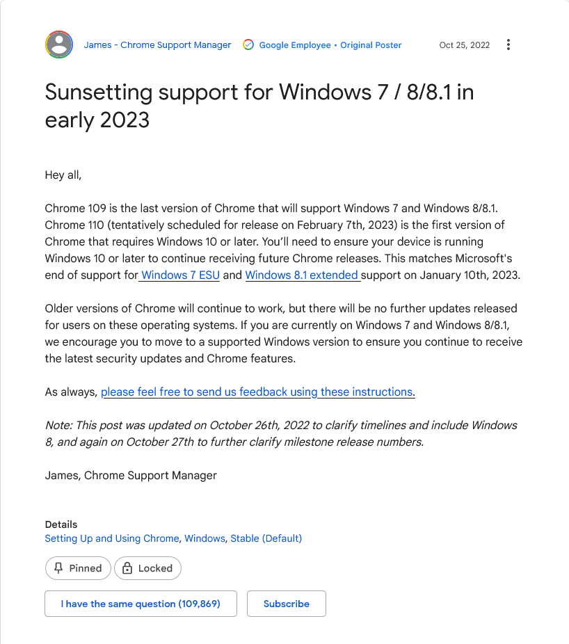 谷歌 Chrome 浏览器现已停止对Win7、Win8和Win8.1的支持