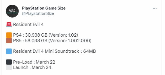 曝《生化危机4RE》PS5版大小58GB 3月22日开启预载