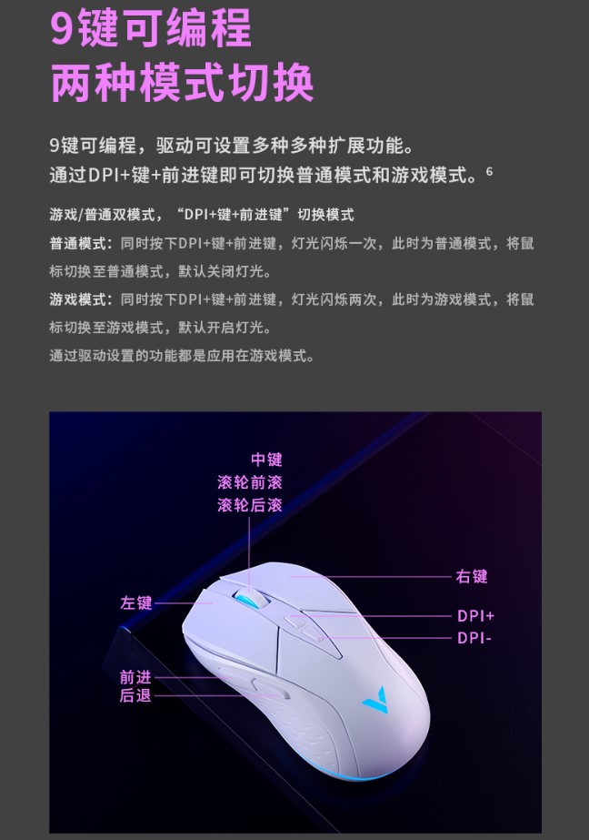 经典复刻设计语言  雷柏V300W有线无线双模RGB游戏鼠标详解