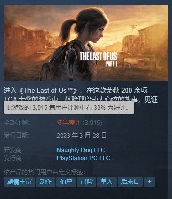 《最后生还者 第一部》Steam多半差评：这是压根没优化？