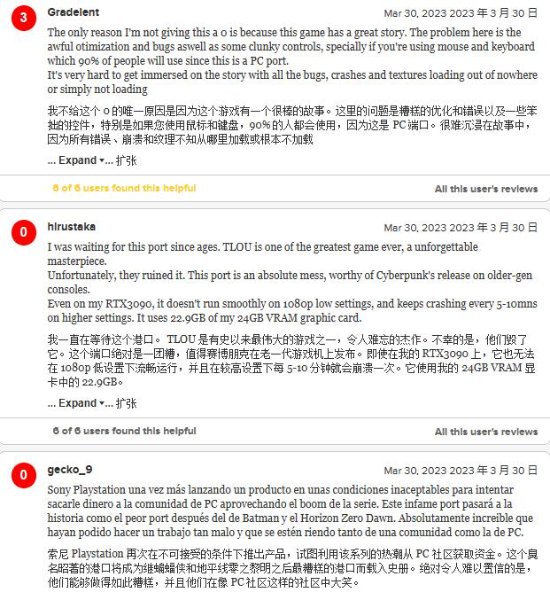 PC版《最后生还者：第一部》M站用户评分1.9分 玩家：退钱！