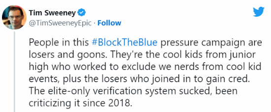 Epic总裁购买推特认证被冲后怒喷反对者：一群loser