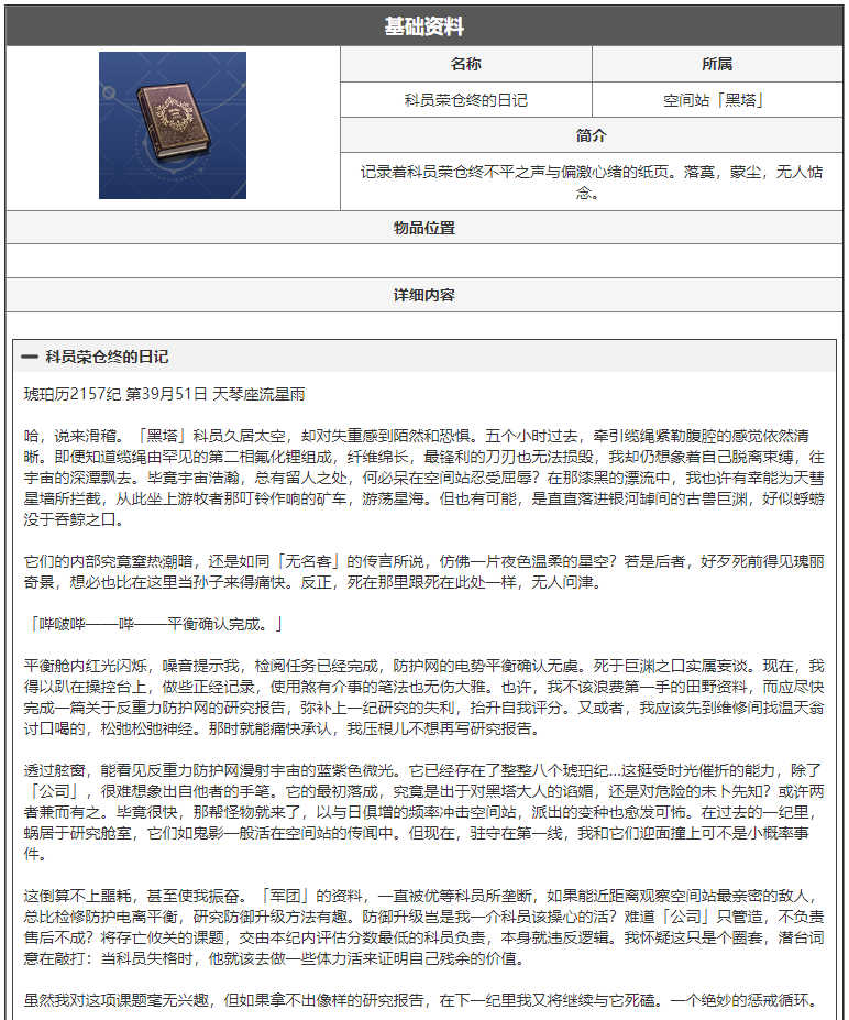 崩坏星穹铁道科员荣仓终的日记是什么 科员荣仓终的日记阅读物介绍