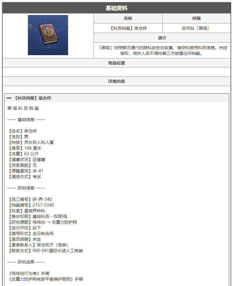 崩坏星穹铁道科员档案荣仓终是什么 科员档案荣仓终阅读物介绍