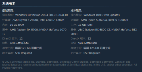 《星空》PC配置：推荐RTX2080 需要125GB空间 或全程联网