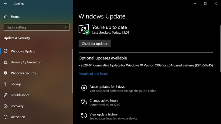 win10 1909更新补丁KB4550945可选推送 修复大量漏洞 win10补丁kb5005543