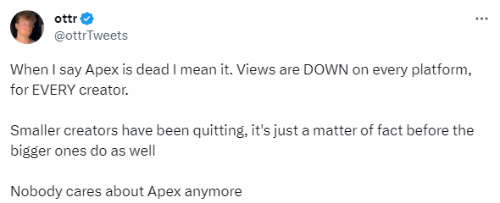 《APEX》热度下滑 内容创作者抨击游戏快要