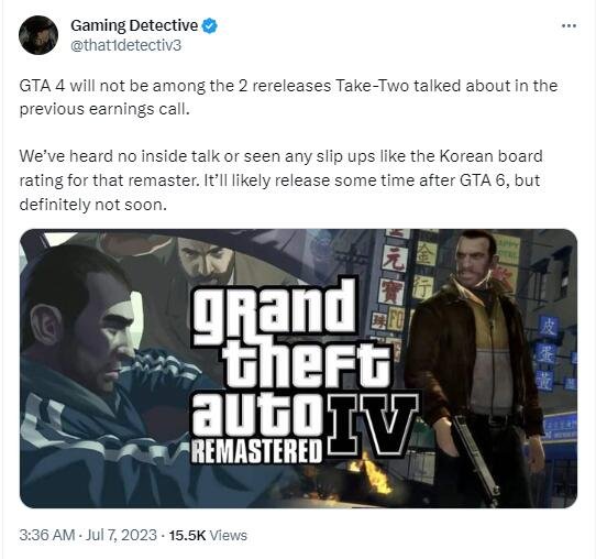 外媒：《GTA4》不会是明年发售的重制游戏之一