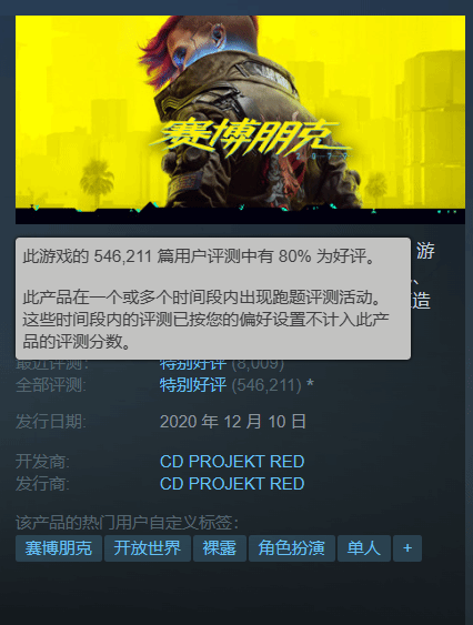 《2077》Steam升至特别好评 CDPR社区总监感谢玩家